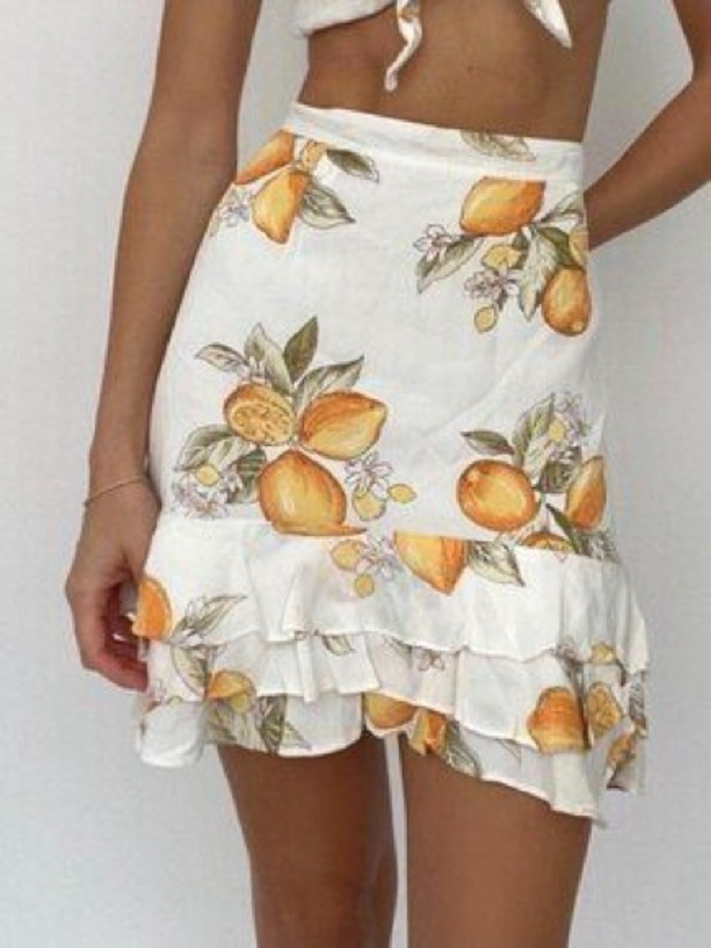 For Love & Lemons XS Limonada white lemon print ruffled mini skirt